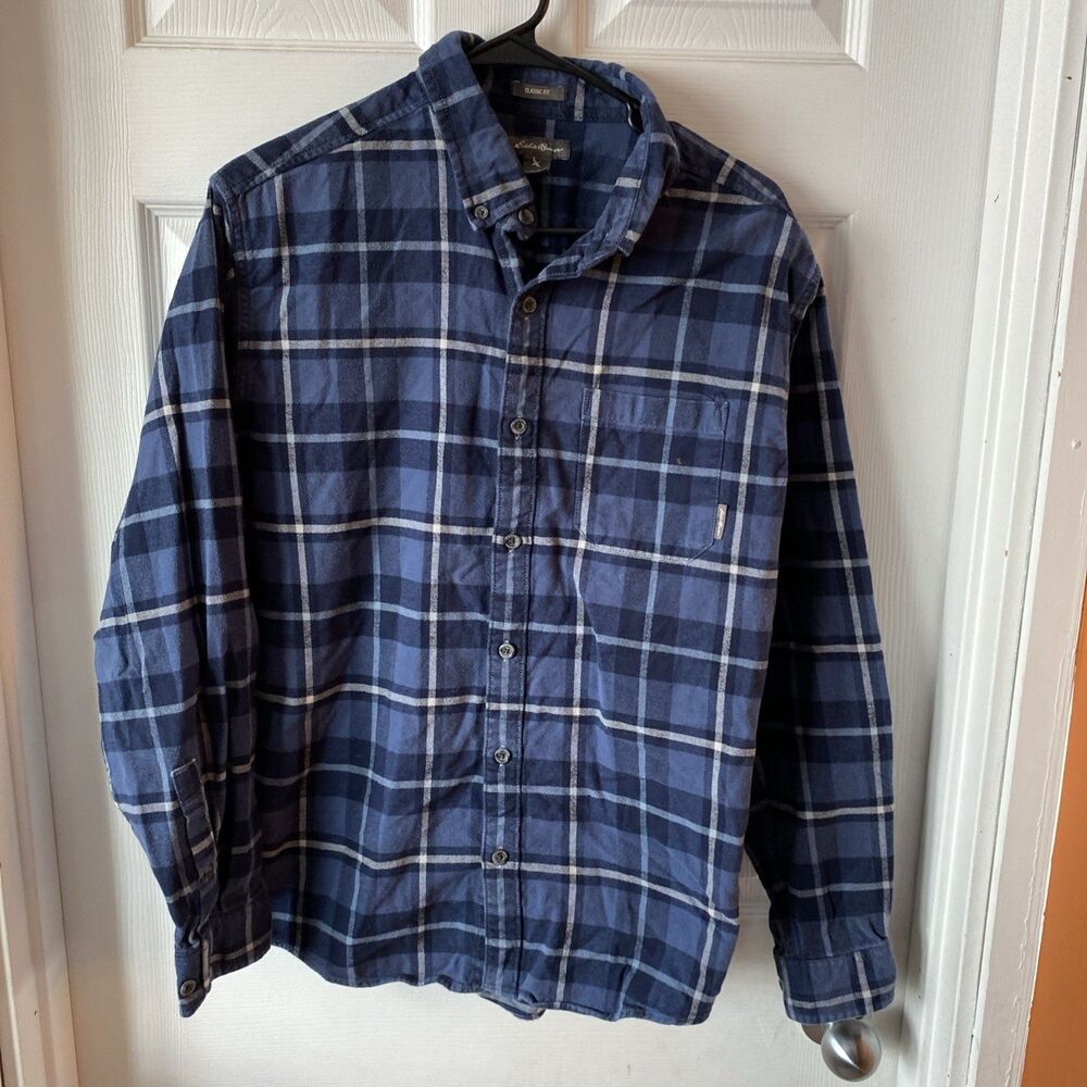 Eddie Bauer Mens Large Button Down Long Sleeve Shirt Classic Fit Blue Plaid
